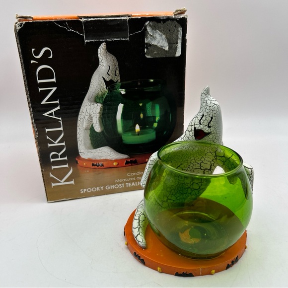 Rare Vtg Kirkland's Halloween Crackled Ghost Candleholder w Green Glass Votive - Picture 1 of 15